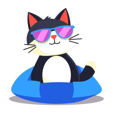 Güneş gözlüklü ve şapkalı kedi. Web tasarımı için beyaz arkaplanda izole edilmiş vektör çizimi