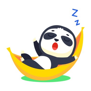 Beyaz arkaplanda izole edilmiş karikatür düz bir şekilde tatlı uyuyan panda çizimi