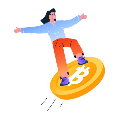 Bitcoin üzerinde gezinen bir karakteri gösteren düz biçim çizimi