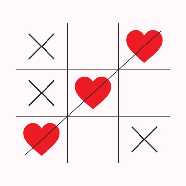 Tic Tac Toe Game with Red Heart and Cross Sign Mark In The Center Love card Flat Design Background Vector illustration clipart