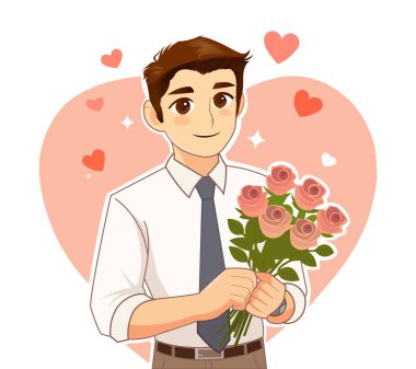 Sevgililer Günü 'nde Tek Başına Çiçekleri Tutan Karakterin Düz Çizimi