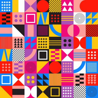 Soyut Geometrik Arkaplan. Neo Geo Deseni. Kare ve Yuvarlak Renkli Soyut Desen Moda. Neo Coğrafi Desen Tasarımı Kağıt, Paketleme, Duvar Kağıdı, Kapak, Posta için Kullanılabilir