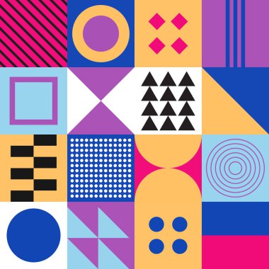 Soyut Geometrik Arkaplan. Neo Geo Deseni. Kare ve Yuvarlak Renkli Soyut Desen Moda. Neo Coğrafi Desen Tasarımı Kağıt, Paketleme, Duvar Kağıdı, Kapak, Posta için Kullanılabilir