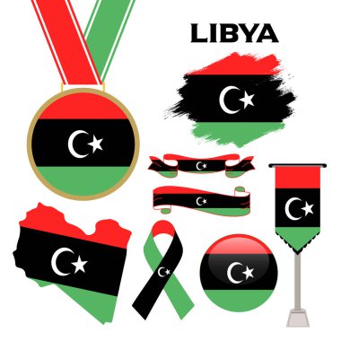 Libya Tasarım Şablonu Bayraklı Elementler Koleksiyonu. Libya Bayrağı, Kurdele, Madalya, Harita, Grunge dokusu ve Düğme. Vektör İllüstrasyonu