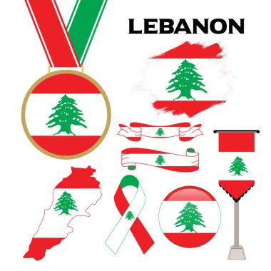 Lübnan Tasarım Şablonu Bayraklı Elementler Koleksiyonu. Lübnan bayrağı, kurdele, madalya, harita, Grunge dokusu ve düğme. Vektör İllüstrasyonu
