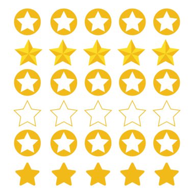 Yıldız simgeleri ve Logo Koleksiyonu. Sarı, altın, turuncu parlak semboller vektör. Orijinal vektör yıldızlarının kümesi simgeleri parlatır.