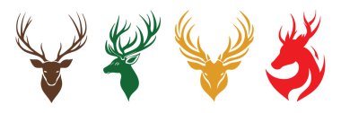 Dört Geyik Başlı Siluet Simgeleri veya Logo Tasarım Şablonu Soyut Vektör Renkli Kümesi