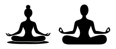 Lotus konumunda meditasyon yapan insanların soyut Vektör siluetleri Simge veya Logo Tasarım Şablonu