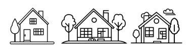 Soyut Vektör Üç ana hatları ağaç ve bacalı evler Simge veya Logo Tasarım Şablonu