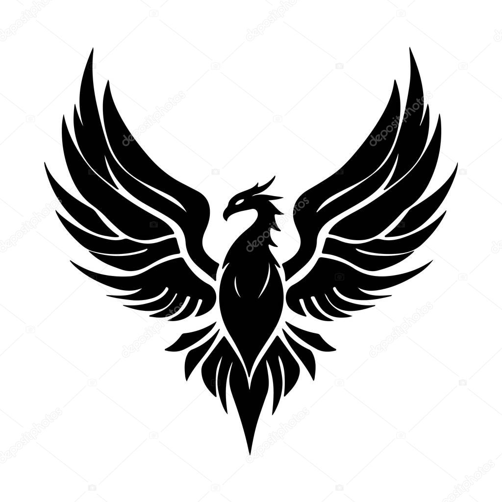 Abstract Vector Stylized black phoenix with wings spread wide open Icon or Logo Design Template