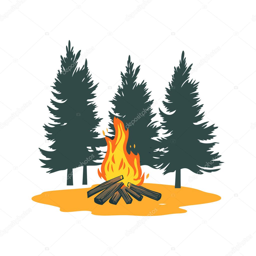 Campfire Illustration Pines Bonfire Wilderness Nature