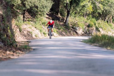 Orman yolunda dağ bisikletiyle sıkı antrenman yapan tanınmamış bir bisikletçi, doğada özgürlük ve spor kavramı, metin için kopyalama alanı