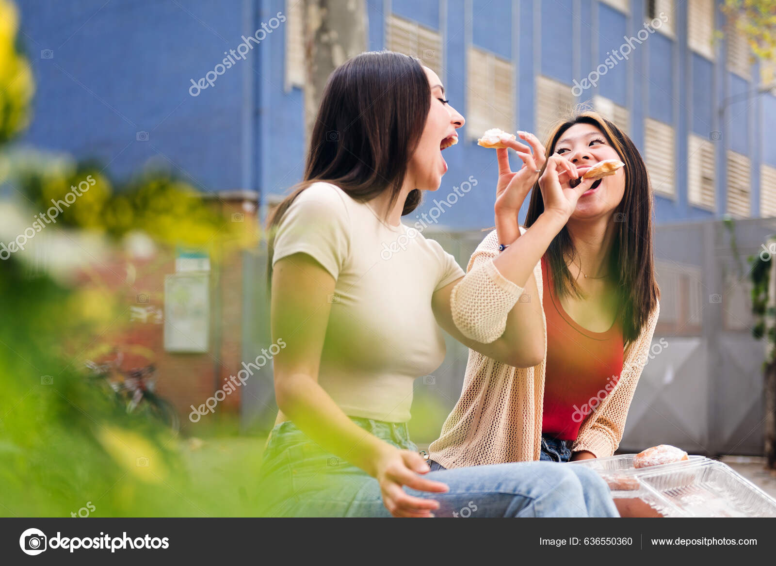 Couple Young Women Sharing Some Sweet Buns Sitting City Park Stock Photo by ©raulmellado 636550360 picture