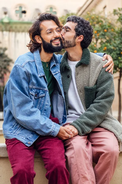 Young Man Kissing Tenderly His Boyfriends Cheek Concept Urban Lifestyle — Stockfoto