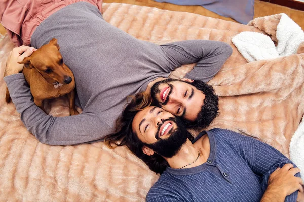 Glückliche Homosexuelle Männliche Paar Lächelnd Mit Ihrem Kleinen Hund Auf — Stockfoto