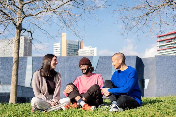 Τρεις Νεαροί Φίλοι Γελάνε Ευτυχισμένοι Καθισμένοι Στο Γκαζόν Στο Πάρκο — Φωτογραφία Αρχείου