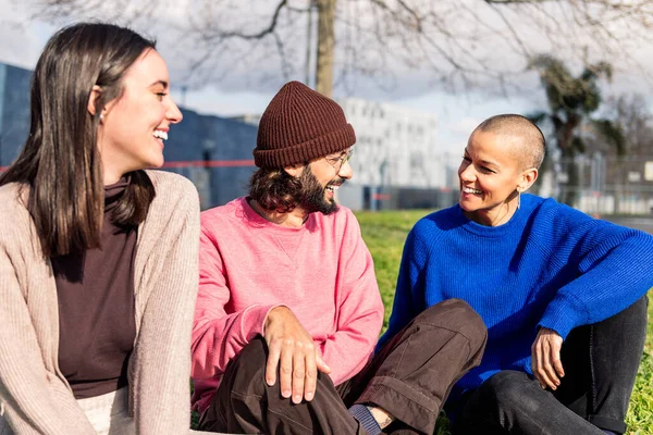 Drei Junge Freunde Plaudern Glücklich Auf Der Liegewiese Stadtpark Einem — Stockfoto