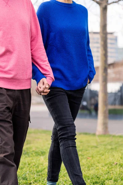 stock image two unrecognizable people walking together holding hands in a park, concept of bonding and love, copy space for text