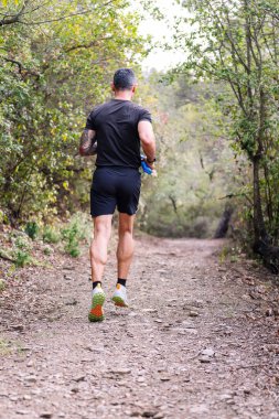 Ormanda koşan bir adamın arkadan görünüşü, spor anlayışı ve sağlıklı yaşam tarzı, metin için kopyalama alanı