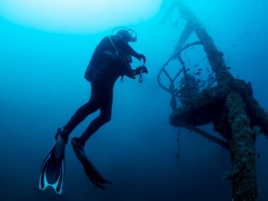 Siyah dalgıç kıyafetli bir adam okyanusa batıyor, su mavi ve adam balıklarla çevrili.