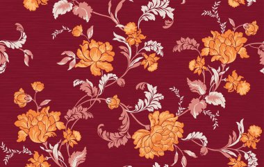 Klasik çiçek desenleri dikişsiz arka plan işlemeli retro. Çiçek motifi. Sarı, kırmızı arka planda kırmızı çiçek tasarımı.