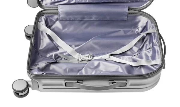 Açılmış Bavul Beyaz Arka Planda Izole Edilmiş Gri Çanta Çantayı — Stok fotoğraf