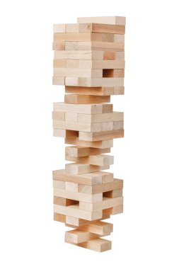 Jenga oyunu. Jenga ahşap bloklar. Jenga kulesi beyaz arka planda izole edildi. Yüksek kalite fotoğraf