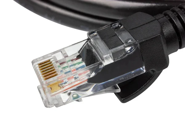 Black Patch Cord Isolated White Patch Cable Rj45 Connector High — Stock Photo, Image