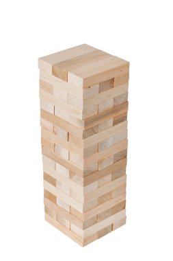 Jenga oyunu. Jenga ahşap bloklar. Jenga kulesi beyaz arka planda izole edildi. Yüksek kalite fotoğraf