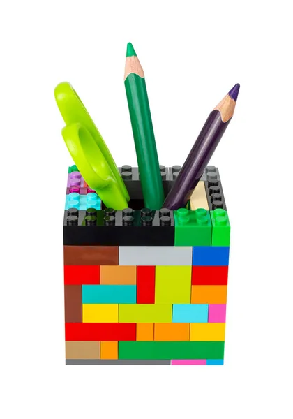 The pencil holder is cut out of the background. Stationery stand isolated. High quality photo