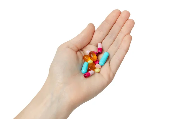 Ruka Drží Různé Pilulky Bílém Pozadí Vitamíny Izolované Bílém Pozadí — Stock fotografie