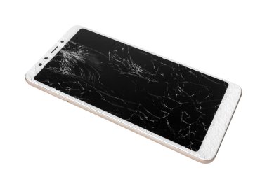 Kırık telefon, beyaz arka planda izole edilmiş. Kırık dokunmatik ekran. Ekranda kırık cam var. Yüksek kalite fotoğraf