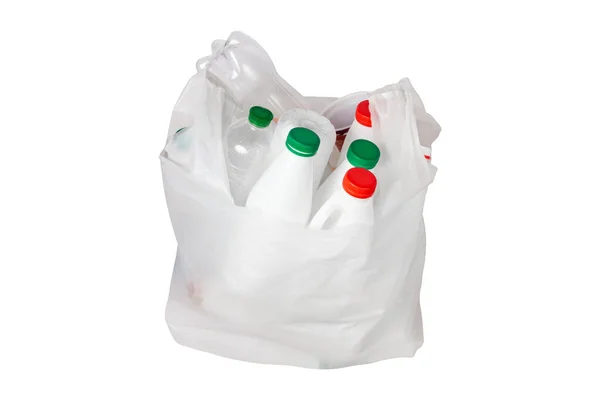 Műanyag Hulladék Műanyag Zacskó Műanyag Palackokkal Műanyag Szemét Fehér Háttérrel — Stock Fotó