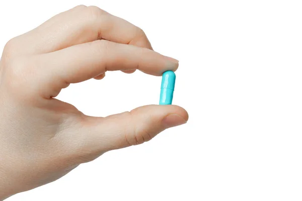 Modrá Pilulka Ruce Bílém Pozadí Izolovat Bílém Pozadí Kvalitní Fotografie — Stock fotografie