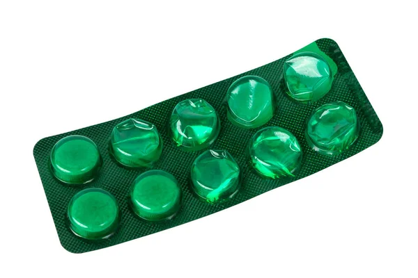 Prázdný Zelený Blistr Pilulek Izolovaných Bílém Pozadí Kvalitní Fotografie — Stock fotografie