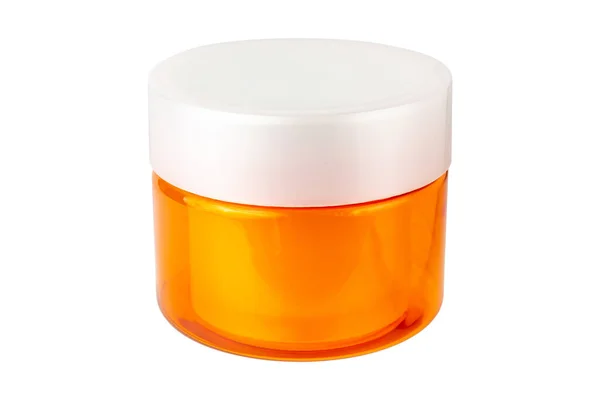 Pomerančová Plastová Nádoba Pro Krém Izolovaný Bílém Pozadí Kvalitní Fotografie — Stock fotografie
