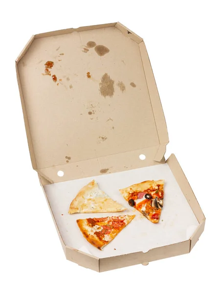 Des Restes Pizza Dans Une Boîte Carton Boîte Pizza Isolée — Photo