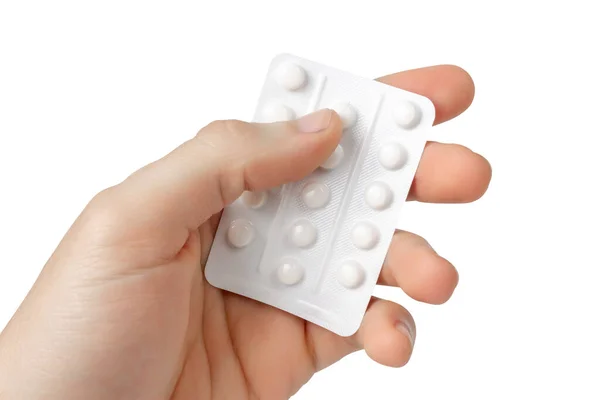 Balíček Pilulek Ruce Izolovat Bílém Pozadí Kvalitní Fotografie — Stock fotografie