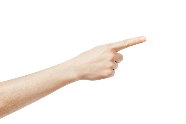Pointing Gesture Isolated White Background Index Finger Points Something High — Stock Photo, Image