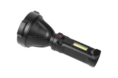 Beyaz arka planda siyah el feneri izole edildi. Yüksek kalite fotoğraf