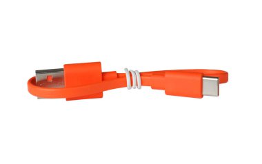 Turuncu USB tip-C kablosu beyaz arkaplanda izole edildi. Çoklu amaçlar için çok yönlü resim