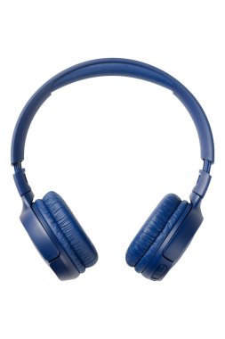 Beyaz arka planda mavi kablosuz kulaklık. Yaratıcı ve ticari kullanım için ideal