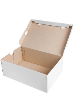 Yukarıdan bakıldığında beyaz dış görünüşlü boş bir karton kutu aç. Yaratıcı ve ticari kullanım için ideal