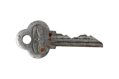 Paslı eski metal anahtar, beyaz arka planda izole edilmiş. Çok çeşitli kullanım alanları için uygun