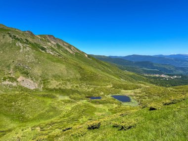 Yeşil tepeleri ve mavi gökyüzü olan dağ manzarası. Yaratıcı ve ticari kullanım için ideal