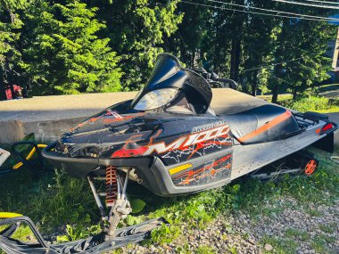 Arka planda ağaçlar olan kar aracı çimlerin üzerine park edilmiş. Çok çeşitli kullanım alanları için uygun