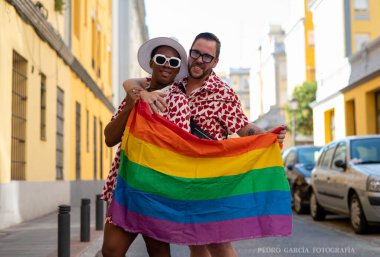 Portrait of a multi-ethnic gay couple raising lgbt flag in the street clipart