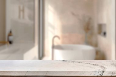 Banyo arkaplanı bulanık, boş mermer bir masa. ürün gösterimi için.