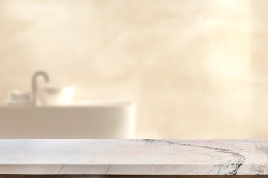 Banyo arkaplanı bulanık, boş mermer bir masa. ürün gösterimi için.