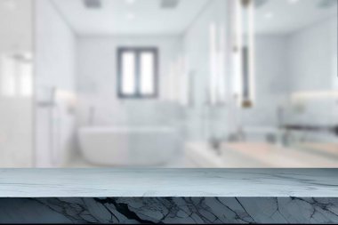 Banyo arkaplanı bulanık, boş mermer bir masa. ürün gösterimi için.